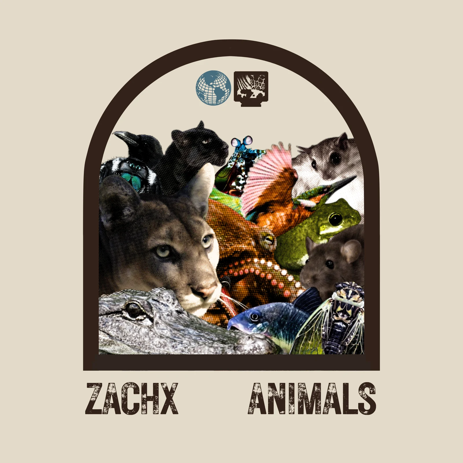 ANIMALS by Zachx: an animal collage framed by a dark arch